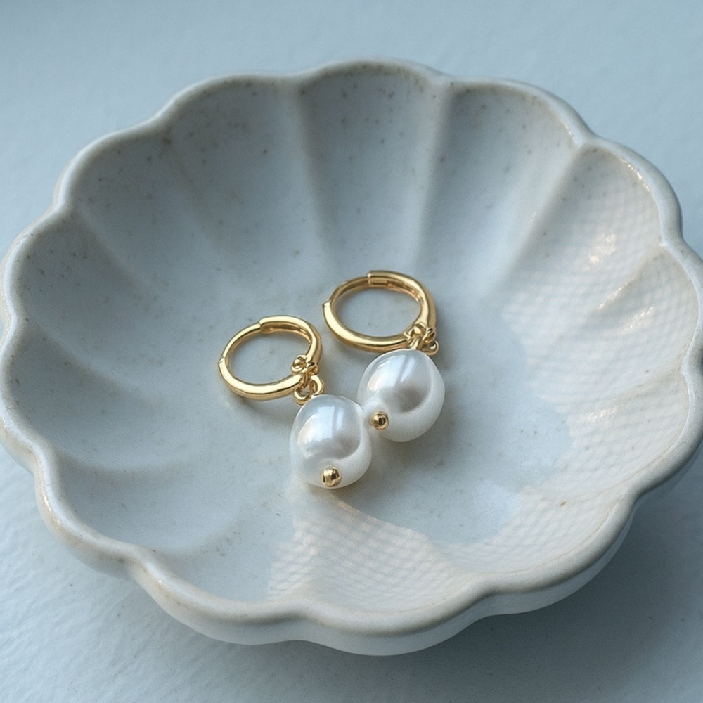 Pearl Drop Hoop Earrings Round Pearl Dangle Minimalist Jewelry - Picture 2 of 8